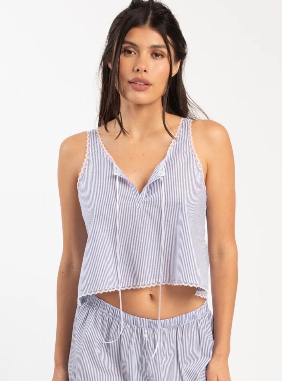 Andine Vivi Provence Stripe Blue White Sleeveless Split V-neck Crop Tank Top S